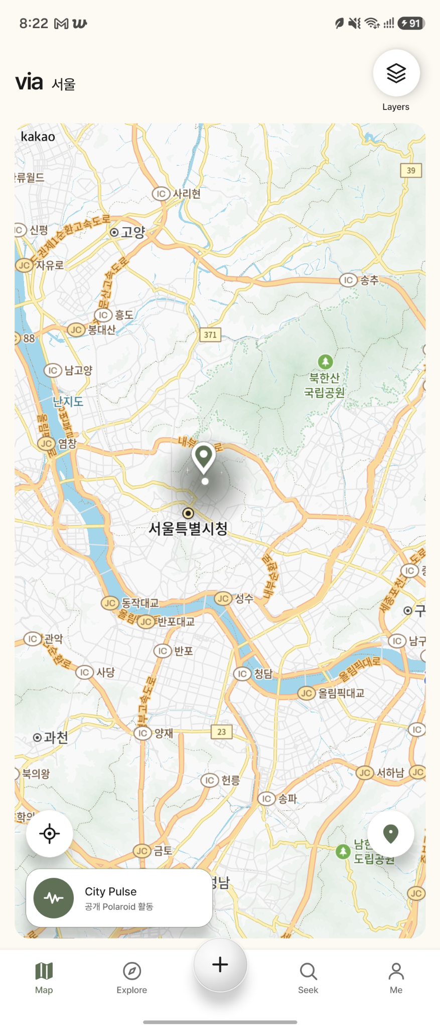 VIA map screen showing Seoul